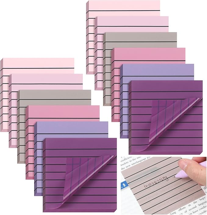 Yinder 24 Pack 720 Sheets Transparent Sticky Notes Translucent Clear Lined Self Sticky Notes for Bible Tabs, Book Tabs, Office School Supplies(3 x 3 Inch,Purple Colors)