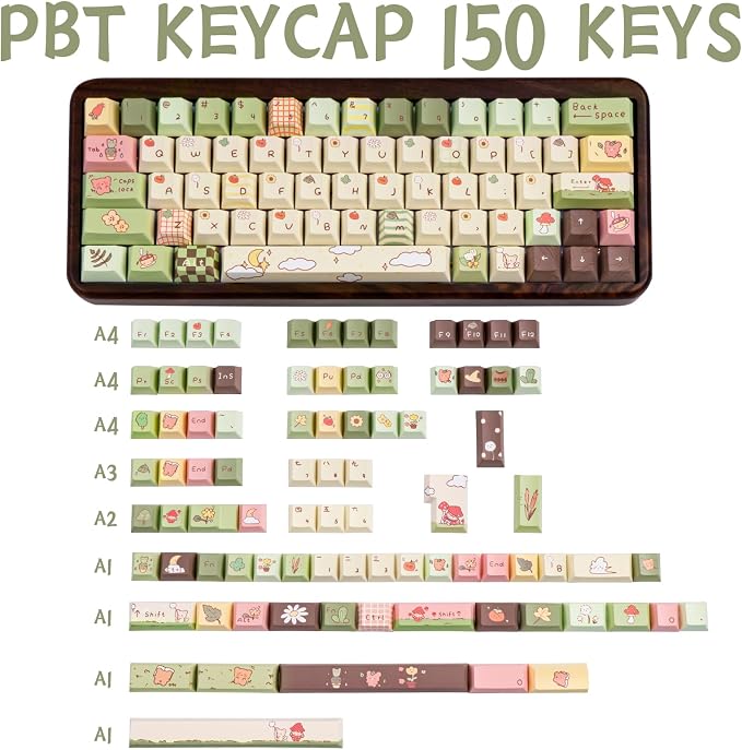 150 Keys Cute Keycaps, Dye Sublimation PBT Customized Cherry Profile Keycaps Cartoon Bear Keycap Set for Cherry MX Gateron Switches Mechanical Keyboards