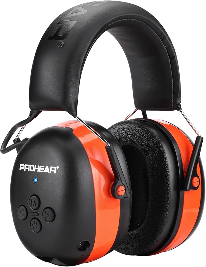 PROHEAR 037 Bluetooth 6.0 Hearing Protection Headphones with Rechargeable 1500mAh Battery, 30dB SNR Safety Noise Reduction Ear Muffs with 120H Playtime for Mowing, Workshops, Snowblowing - Orange