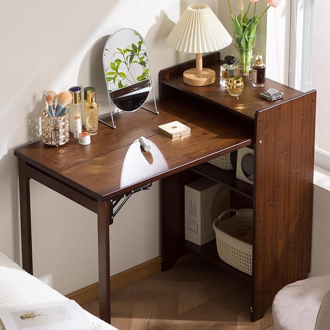 Bamboo Folding Desk with Storage, Space-Saving Foldable Computer Desk for Small Spaces, Vintage Fold Out Hideaway Small Desks Writing Study Table for Bedroom Home Office