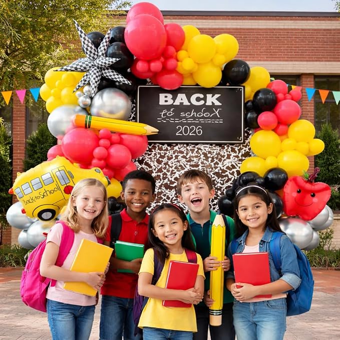 151Pcs Back to School Balloon Arch Garland Kit, School Bus, Pencil, Apple, Explosion Star Foil Balloons for Classroom Decoration, Kindergarten Party Backdrop, Back to School Event Supplies