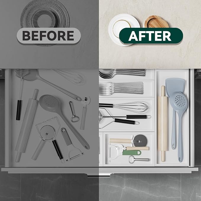 Lixple Bamboo Drawer Organizer, Narrow Silverware Organizer for Kitchen, Stackable Utensil Organizer, 2 Pcs Flatware Organizer for Drawer, Wooden Storage Box Tray (White, 12 X 3 X 2 Inch)