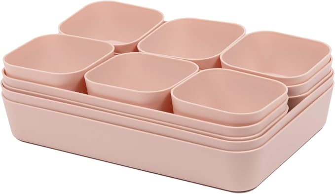 Set Of 12 Pink Color Plastic Desk Drawer Organizers For Makeup Bathroom Office Kitchen Vanity Drawer Storage Box Container