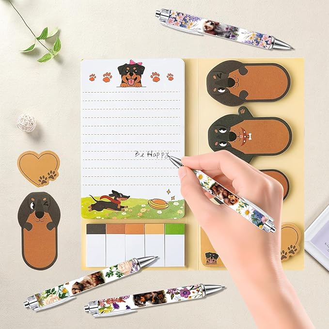 Dachshund Gifts for Women, Wiener Dog Stationery Sets, Weenie Puppy Lovers Sticky Notes Makeup Bag & 4 Ballpoint Pens Cute Animal Accessories School Office Stocking Stuffers for Christmas, Birthday