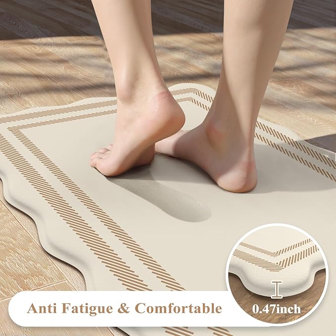 KIMODE Anti Fatigue Kitchen Mats, Padded Kitchen Floor Mats,Boho Kitchen Rugs Sets of 2, Beige Scalloped Rugs for Kitchen Floor, Cushioned Standing Mat for Laundry Office Sink Desk 17"x47"+17"x29"