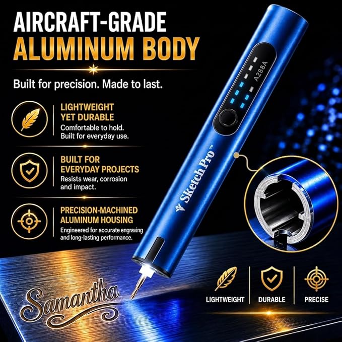 SketchPro Cordless Engraving Pen with LED Light – 3-Speed Precision Etching Tool for Wood, Metal, Glass & Plastic – USB-C Rechargeable, 26 Accessories – Ideal for DIY, Jewelry & Craft Projects