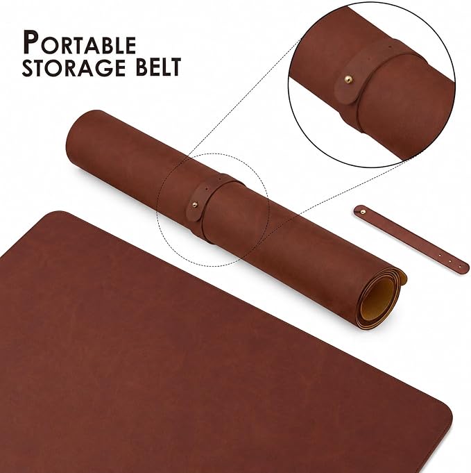 Leather Desk Mat & Mouse Pad - Desk Blotter Large 31.5X 15.8in | Desk Pad Protector for Office Desk, Non-Slip Waterproof PU Leather Desk Blotter & Writing Pad, Red Brown