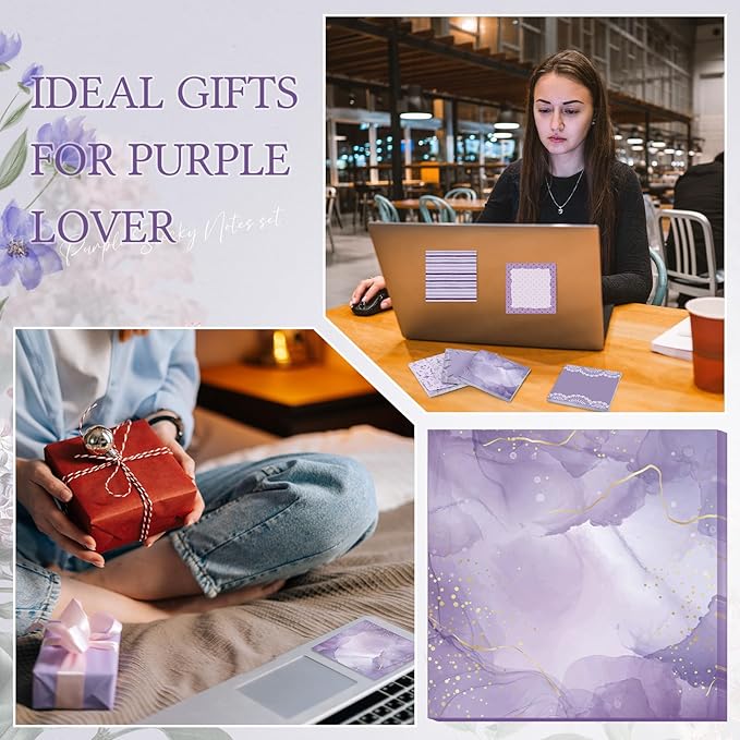 9 Pcs Aesthetic Sticky Notes Cute Pastel Self Stick Notepads Easy to Post Desk Supplies for Home Office Decor School Accessories Women Birthday Coworker Gifts(Purple)