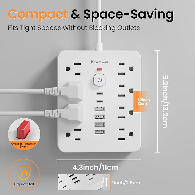 Surge Protector Power Strip - 8 Outlets(1850W/15A/14AWG) 4 USB A（2 USB C, 6FT Flat Plug Extension Cord, Wall Mount Multi Plug Outlet Extender, ETL Listed for Home