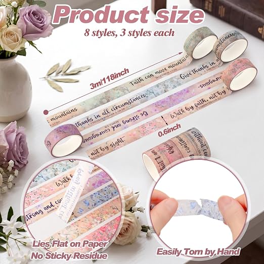 24 Rolls Christian Washi Tape Gifts Bulk Religious Inspirational Scripture Prayer Supplies Retro Bible Verse Tape for Bible Study Journaling Crafting Easter Gifts for Women