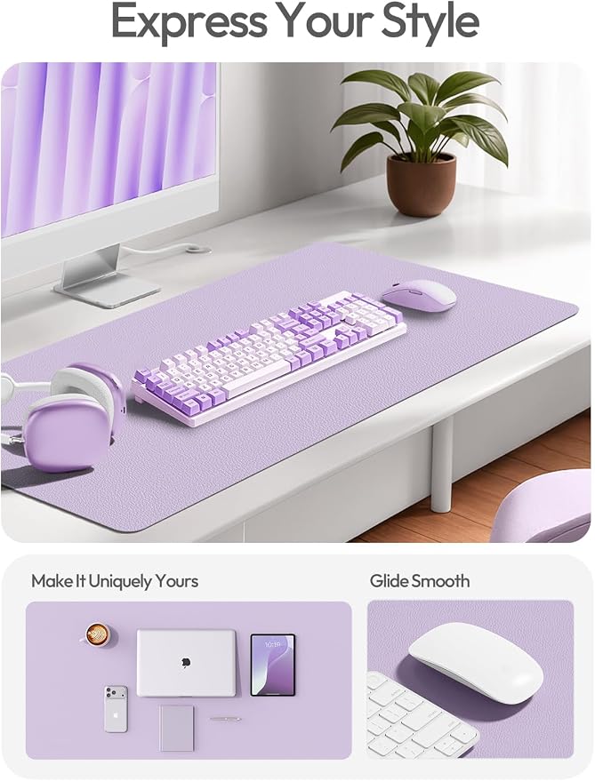 YSAGi Leather Desk Protector, Office Mat, Large Mouse Mat, Non-Slip PU Leather Blotter, Laptop Desk Pad, Waterproof Writing Pad for Office and Home (Light Purple, 31.5" x 15.8")