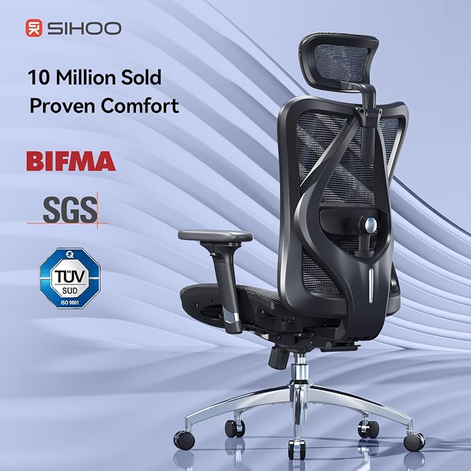 SIHOO M57 Ergonomic Mesh Office Chair, High Back Home Desk Chair with 3D Armrests, Lumbar Support and Adjustable Headrest, Comfortable Computer Chair, Big & Tall Office Chair Hold 330 LBS-Ebony