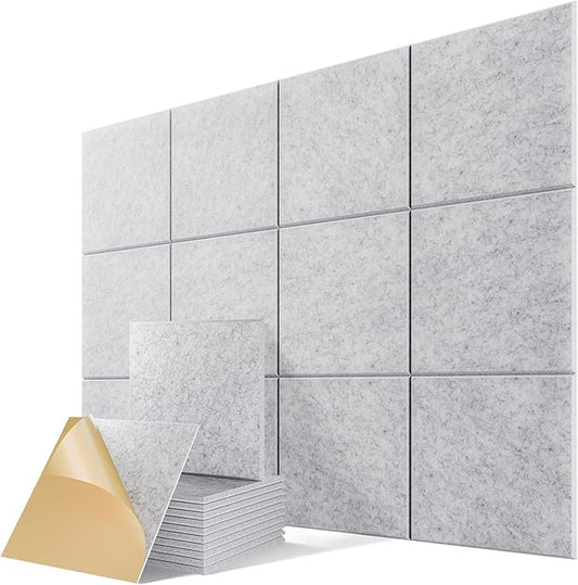12 Pack Self-Adhesive Acoustic Panels, 12" X 12" X 0.4" High-Density Polyester Sound Proof Foam Panels for Walls, Soundproof Wall Panels for Home & Office (Sliver Gray)