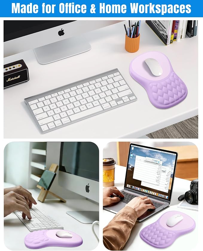 Ergonomic Mouse Pad with Wrist Rest, Slope Design Memory Foam Support, Smooth Lycra Surface, Non-Slip PU Base, Comfortable Mouse Mat for Office, Home, Computer Desk (Purple&Grey)