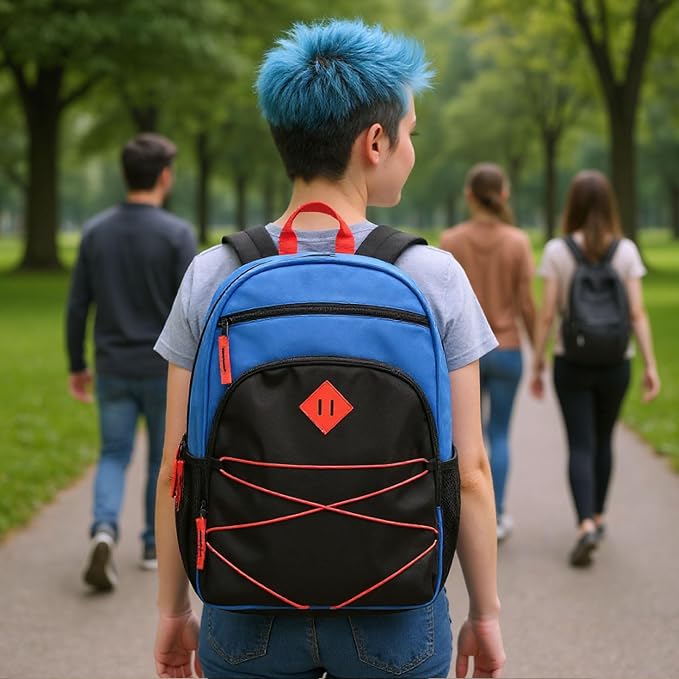 Trail maker Kids Backpacks with School Supplies for Boys, Girls | 30 Piece Back to School Supplies Set with 17" Bungee Backpack (Blue & Black)