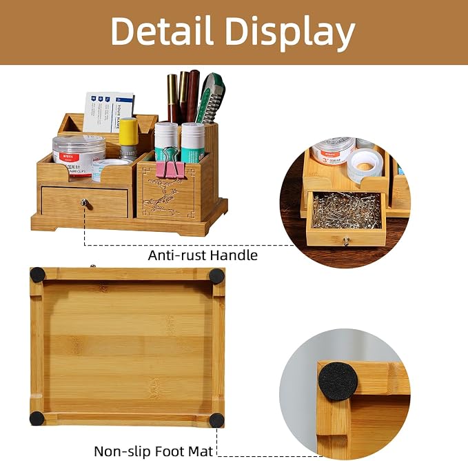 Bamboo Desk Organizer with Drawer & Pen Holder, Office Desk Caddy Storage | Natural Bamboo Wooden Desk Organizers and Accessories with Drawers Multi-Compartment Desktop Storage for Office Home Supplies
