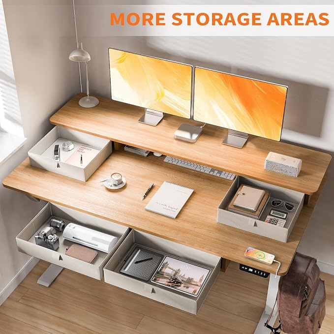 48 * 30 Inches Electric Standing Desk Adjustable Height with 4 Drawers, Double Storage Shelves Stand Up Desk, Home Office Workstation Sit Stand Desk (Nature)