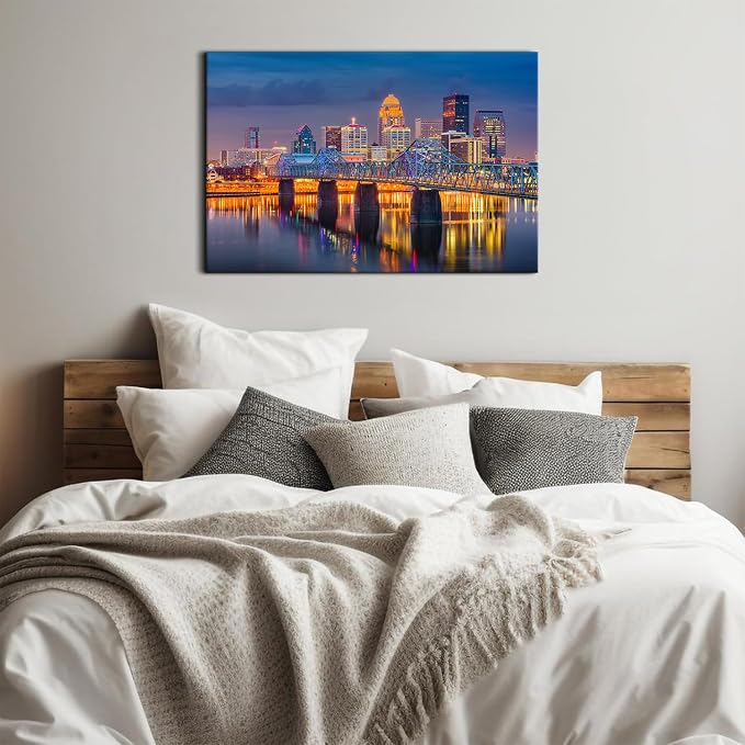 City Landscape Wall Art for Bedroom Wall Decor Colorful Night Cityscape Photography Pictures Canvas Prints USA Downtown Skyline Panoramic Modern Artwork Office Home Decoration 24x36" Ready to Hang