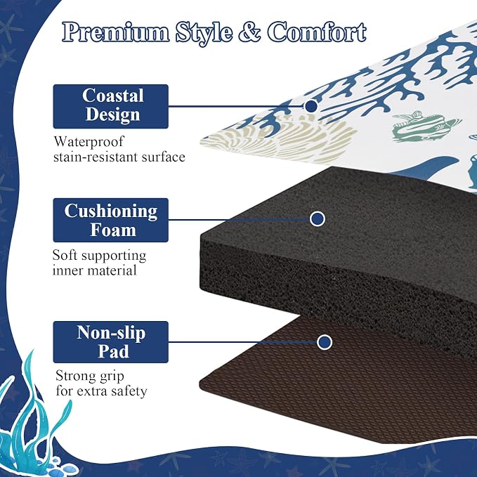 SHACOS Coastal Kitchen Rugs Set of 2, 17x27.5+17x47 inch | Summer Anti-Fatigue Kitchen Mats, White Cushioned Mats with Sea Themed Blue Starfish Shell Coral Tropical Fish