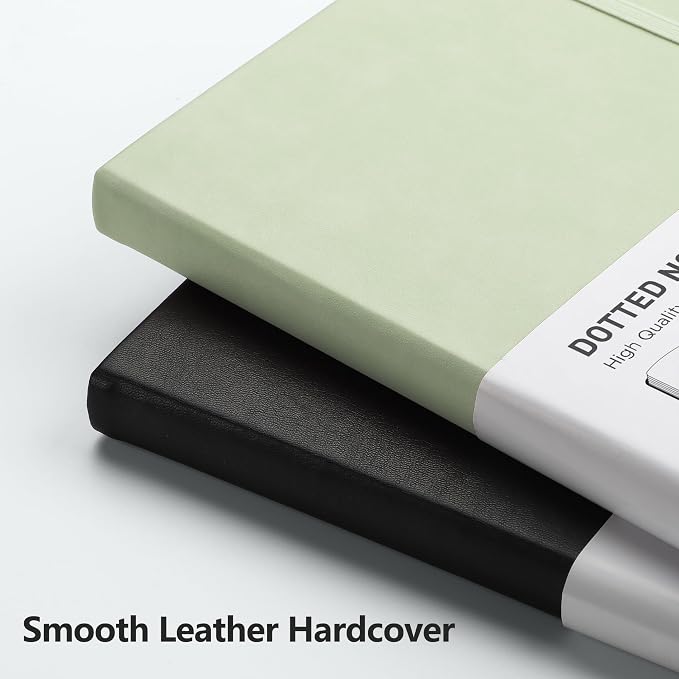 RETTACY Dotted Journal Notebook, 2-Pack, 160 Numbered Pages per Pack, A5 Medium Size (5.7'' x 8.3''), 120 GSM Thick Paper, Leather Hardcover, for Journaling, Planning, Tracking (Black & Light Green)
