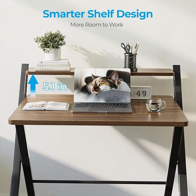 Simple Deluxe No Assembly Folding Desk with Shelf, 2-Tier Compact Computer Table, Space Saving Foldable Table for Home Office, Dorm or Apartment, Portable Collapsible Sturdy Laptop Desk, Brown
