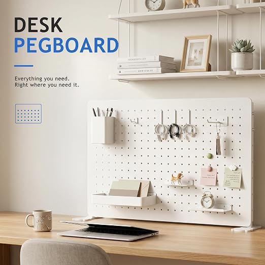 White Metal Pegboard Desk Organizer, 23.62 x 15.75 in with Hooks | Standing or wall-mounted metal panel with hooks, shelves, cup and holders for office, bedroom, craft room and desk storage
