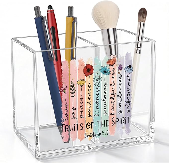 Inspirational Christian Floral Acrylic Cosmetic Pencil Pen Holder Cup Religious Gifts for Women Fruits of The Spirit Bible Verses Christian Decor for Home Office Desk Vanity Organizers and Accessories