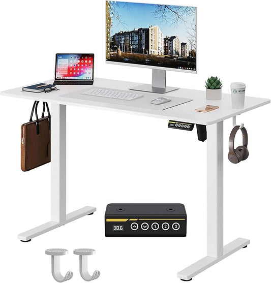 40 x 24 Inch Height Adjustable Standing Desk, 3 Presets, White | 40 x 24 in Desktop, 28.3–46.5 in Height, 2+3 Controls, ≤45 dB, 154 lb Capacity, 2 Hooks