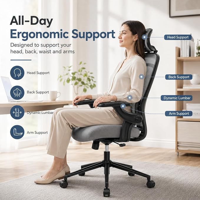 Ergonomic Office Chair, Home Office Desk Chairs with Adjustable Lumbar Support and Headrest, High Back Mesh Computer Desk Chair with 3D Flip-up Armrests & 360° Swivel Wheels, 275 LBS