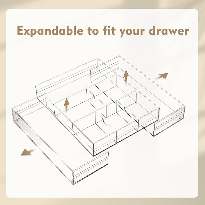 Briwooody 2 Pcs Acrylic Desk Drawer Organizer Maximum 12 x 18 x 2.1 Inch Expandable Drawer Organizer Trays with 8 Adjustable Compartments Desk Accessories for Makeup Silverware Office Bathroom