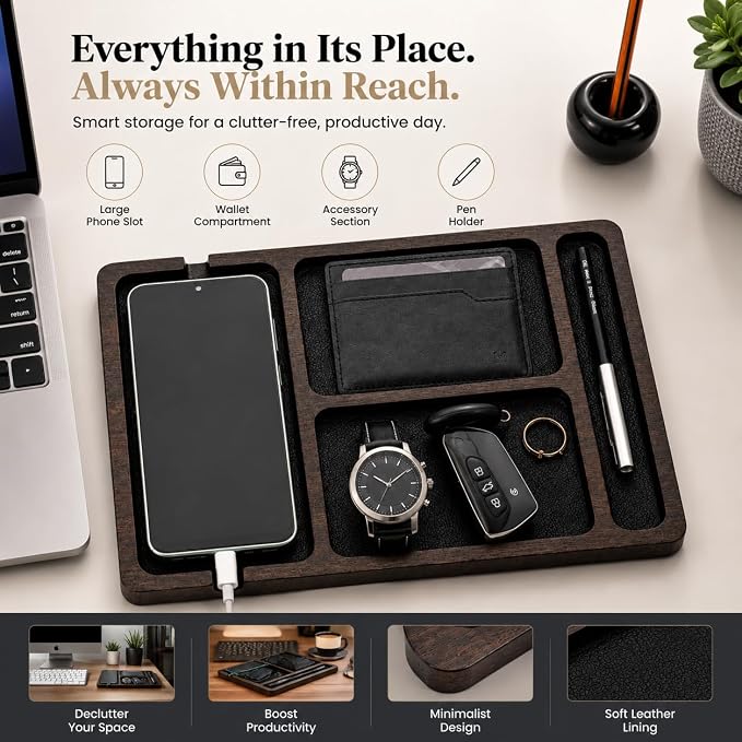 Desk Organizer Tray for Men with Ceramic Pen Holder, Wooden Valet Tray, Minimalist EDC Desk Organizer for Phone, Wallet, & Keys, Nightstand Bedside, Entryway, Birthday Gift for Him