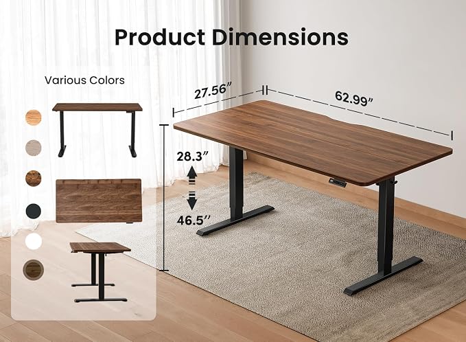 BANTI 63 × 28 Inches Standing Desk, Ergonomic, Electric Height Adjustable, Sit and Stand Up, Computer Desk with a Deeper Desktop, Black Frame/Black Walnut Top