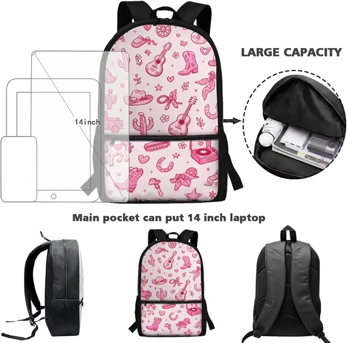 WELLFLYHOM 17 Inch Western Cowgirl School Backpack for Kids 5-6 Girls | Pink Book Bag with Lunch Box Pencil Case Water Bottle Case Back to School Supplies