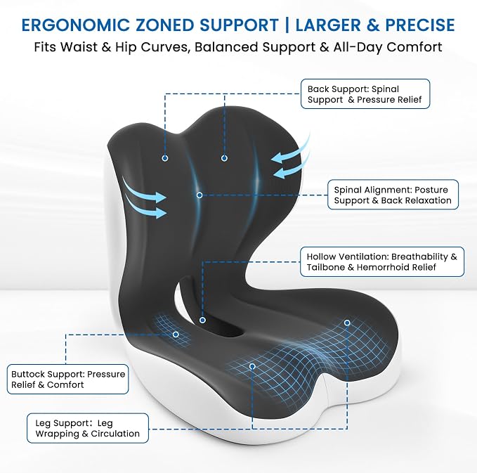 Car Seat Cushion Reducing Sciatica Pressure, Back & Tailbone Comfort | Hollow Design for Coccyx, Double-Sided Anti-Slip, Ergonomic Memory Foam Lumbar Cushion, Suitable for Long Sitting, 2PCS