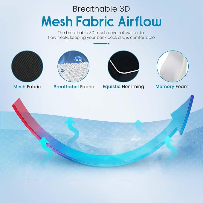Lumbar Support Pillow for Office Chair and Car - Memory Foam Back Cushion with Breathable Mesh Cover & Dual Adjustable Straps for Back Pain Relief & Long Sitting - Full Back Support for Office Chair