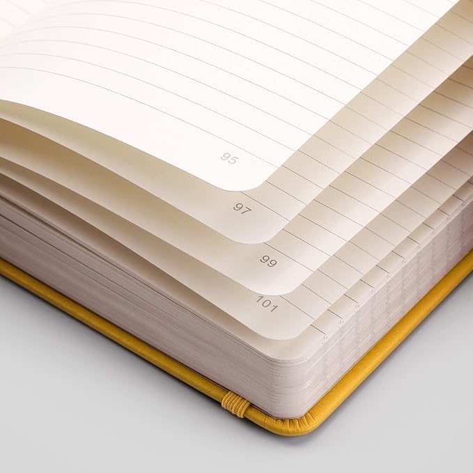 EMSHOI A5 College Ruled Notebook, 256 Numbered Pages 120GSM Ink-Proof Faux Leather Hardcover Lay-Flat Lined Journal for Work Office School Travel Writing, Small 5.75" x 8.38", Yellow