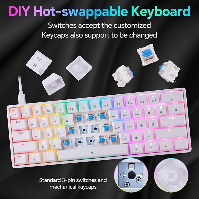 Mechanical 60% Keyboard RGB 1680M Color Backlit Compact Mini 61 Key Blue Switch Portable Keypad Compatible with Windows iMac Laptop PC Computer Office Gamer(White)