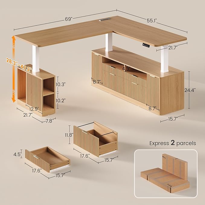 SEDETA L Shaped Electric Standing Desk, 69" x 55"Height Adjustable Office Executive Desk with 4 Drawers and Storage Shelves, Fluted Sit Stand Computer Desk with Power Outlet for Home Office (Natural)