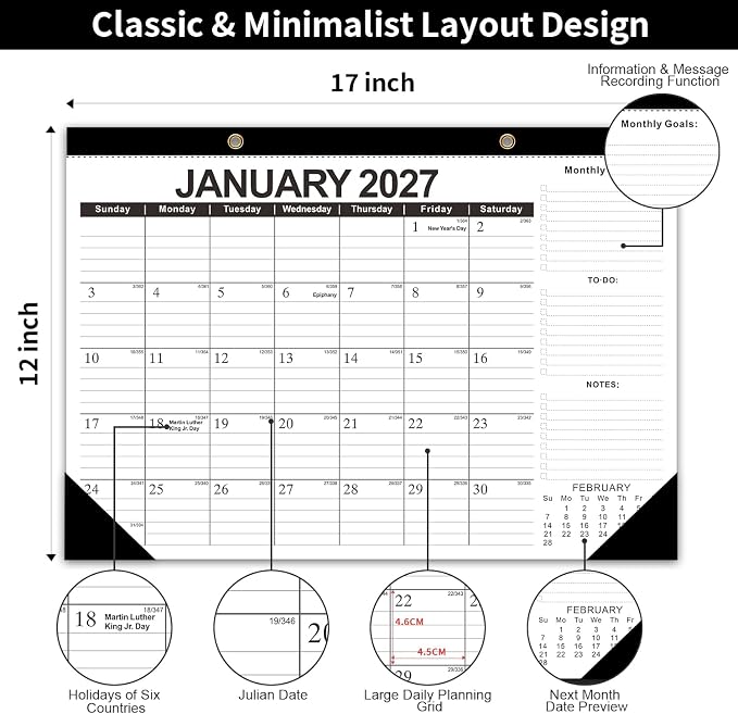 Desk Calendar 2026-2027 - Ougesi 19 Month Desk Top Calendar June 2026 - Dec 2027,17x12 Academic Desk Calendar with Thick Paper, Large Blocks for Home & Office (Black)
