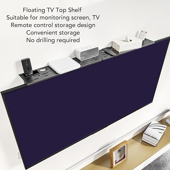 TV Top Shelf Adjustable Monitor Floating Shelf with 2 Storage Boxes Computer Monitor Shelf Hollow Design for Space Saving