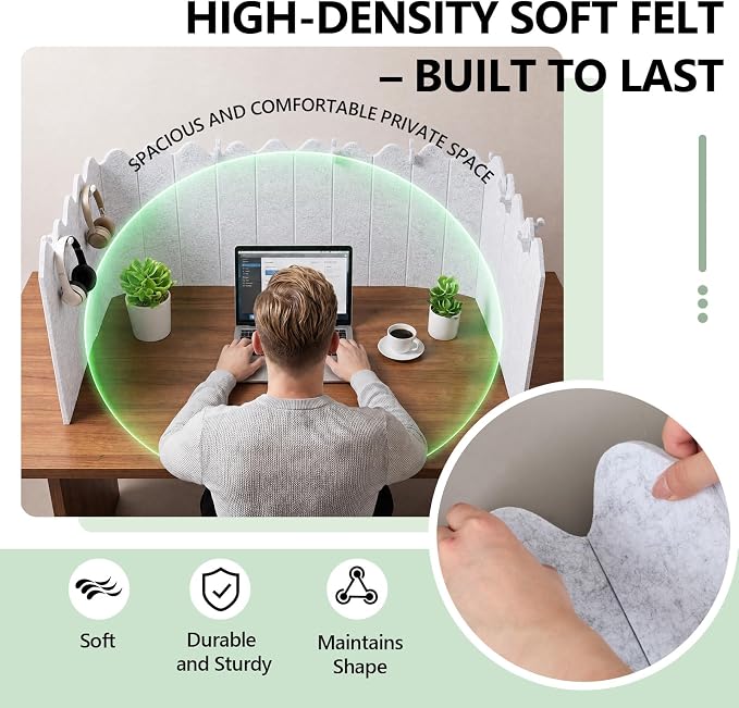 86.5 x 16'' Foldable Felt Desk Divider with 25 Thumbtacks & 8 Clips, Acoustic Desk Partition Privacy Panel, Versatile Cubicle Shield Hanging Note Item, for Office Home(Wavy)