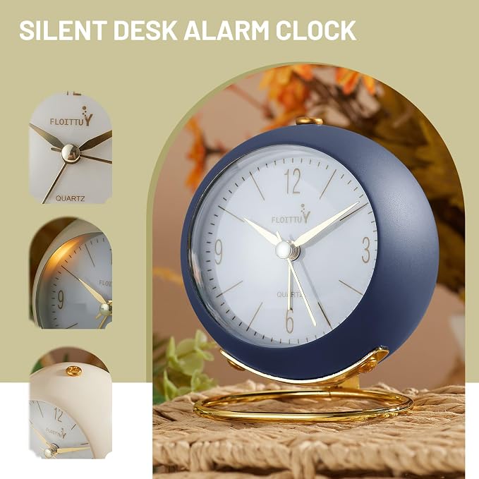 FLOITTUY Silent Table Analog Alarm Clock No Ticking, Lighted on Demand and Battery Operated, Beep Sounds, Small Desk Clock(Navy Blue)