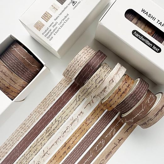 Vintage Washi Tape Set 8 Rolls Thin Retro Decorative Antique Patterns Masking Tapes for Arts, DIY Crafts, Journals, Planners, Scrapbook, Wrapping (Handwritten Text)