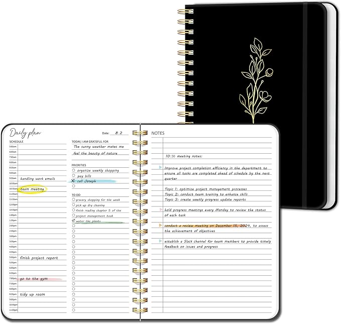 Undated Daily Planner With Hourly Schedule, To Do List Spiral Notebook, Easily Organize Your Work Tasks And Appointments, Perfect School Or Office Supplies For Organizing & Planning, 7.5"x10", Black