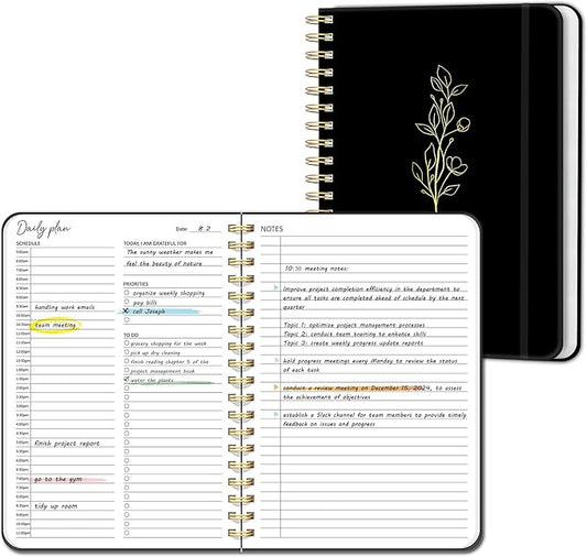Undated Daily Planner With Hourly Schedule, To Do List Spiral Notebook, Easily Organize Your Work Tasks And Appointments, Perfect School Or Office Supplies For Organizing & Planning, 7.5"x10", Black