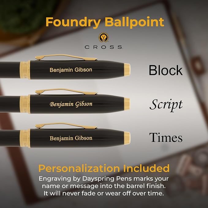 Personalized Cross Foundry Ballpoint Pen | Engraved Black Lacquer with PVD Gold Appointments | Executive Cross Ballpoint for Senior Executives, Corporate Awards, and Milestone Occasions