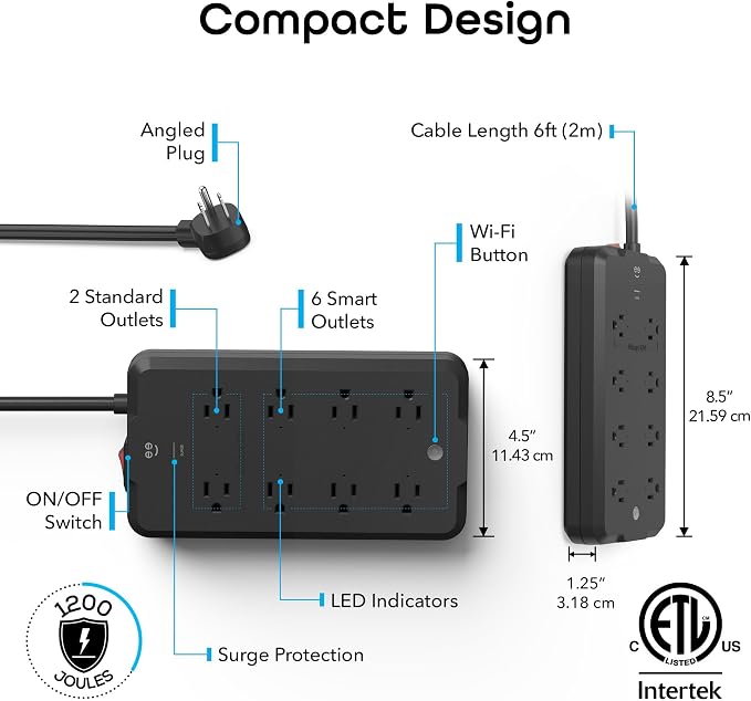 Geeni Surge Ultra Smart 8-Outlet Surge Protector – 6 Smart Outlets, 2 Always-On Outlets, 6 ft Cord, WiFi & Voice Control with Alexa/Google, 1200 Joules Protection, No Hub, Black