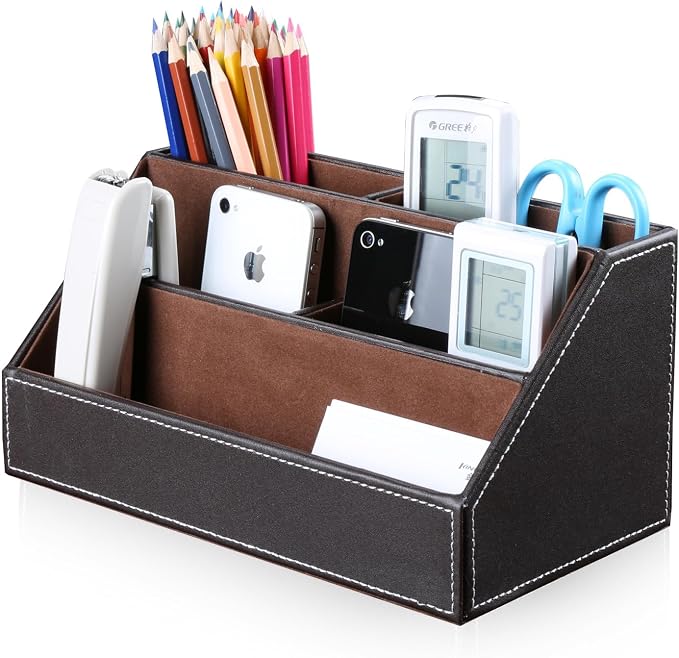 Pu Leather Desk Organizer with 5 Compartments Holder, Multi-Functional Office Supplies Storage Caddy for Pen/Pencil, Phones, Remote Controller and Desktop Accessorie Brown