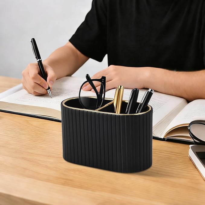 PU Leather Desk Organizer,Pen Holder,Small Remote Control Holder Pencil Cup Multifunctional Nightstand Organizer Caddy for Home School Office Desk Accessories,2 Compartments (Black)
