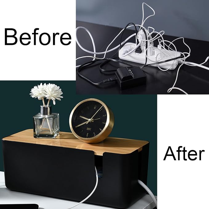 Changsuo Cable Management Box with Bamboo Lid Small Cable Organizer Box for Extension Cord Power Stripe Surge Protector Wire Management Concealer Organizer Cover Hider (Black)